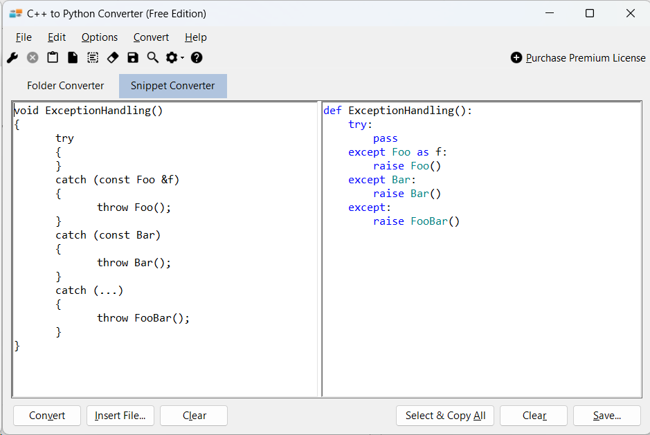 Sample showing C++ to Python exception handling conversion using C++ to Python Converter