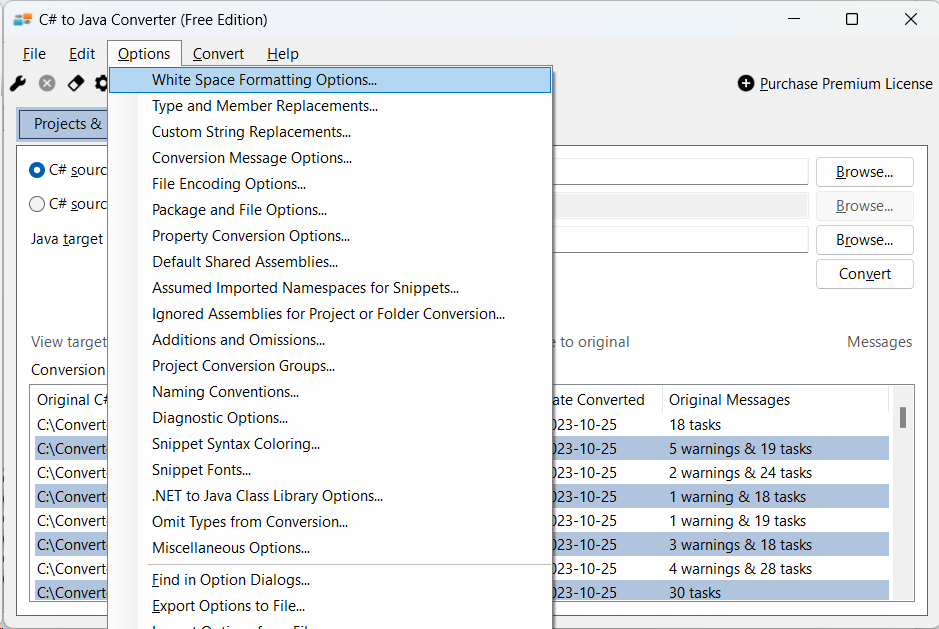Display of the different option dialogs in C# to Java Converter