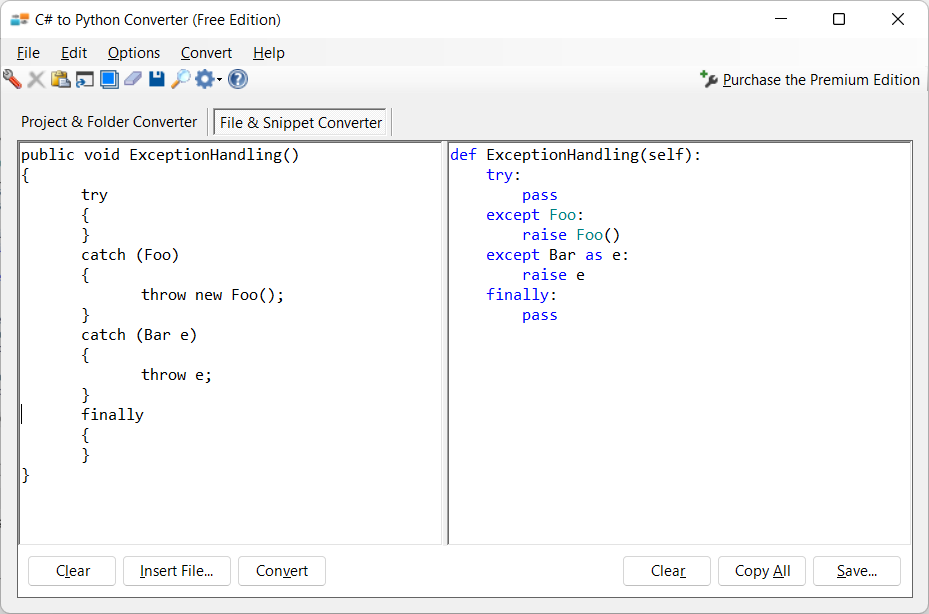 Sample showing C# to Python exception handling conversion using C# to Python Converter