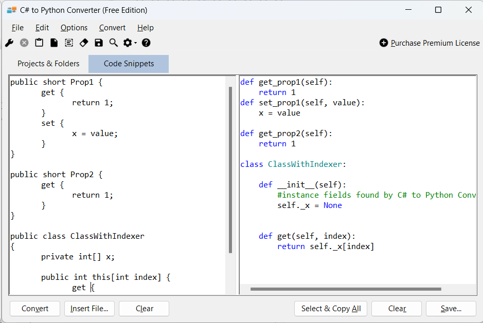 Sample showing C# to Python property conversion using C# to Python Converter
