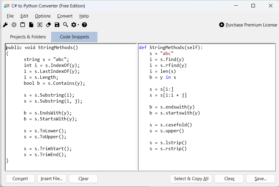 Sample showing C# to Python string conversion using C# to Python Converter