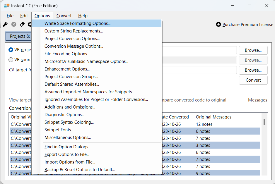 Display of the different option dialogs in Instant C#