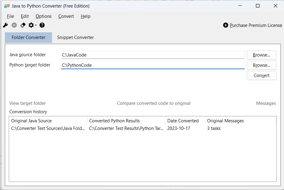 Display of the folder conversion tab of Java to Python Converter